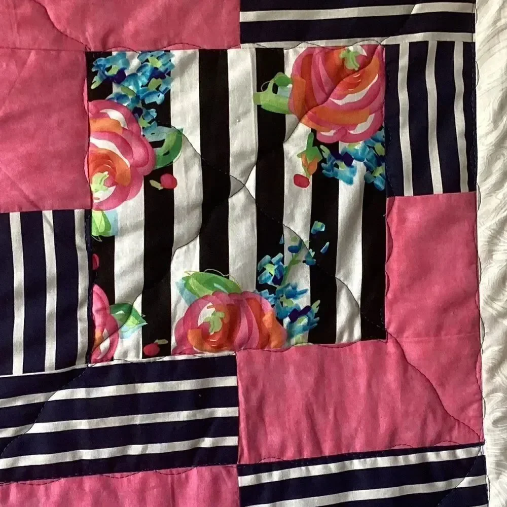 NWT. Hand Crafted Pink and Black Striped With Roses Floral Quilt